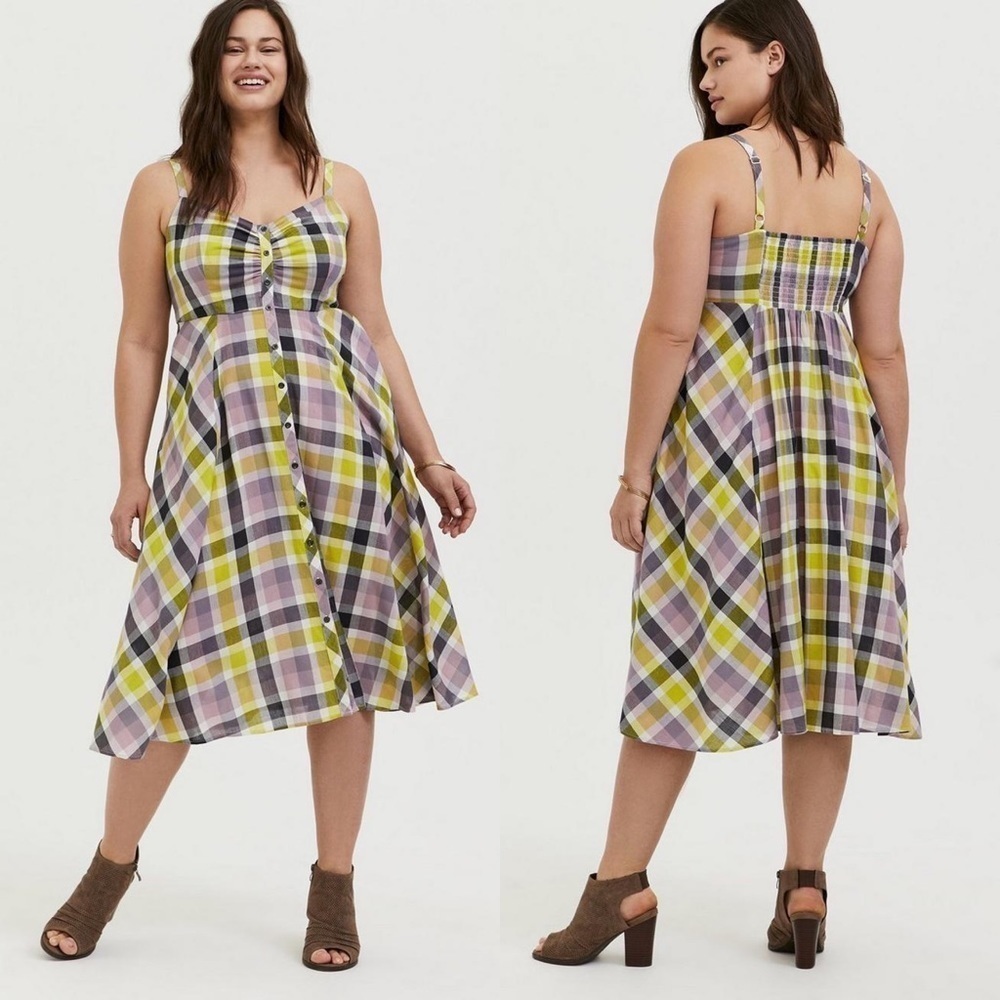 Torrid Multi Plaid Challis Button Front Midi Dres… - image 1